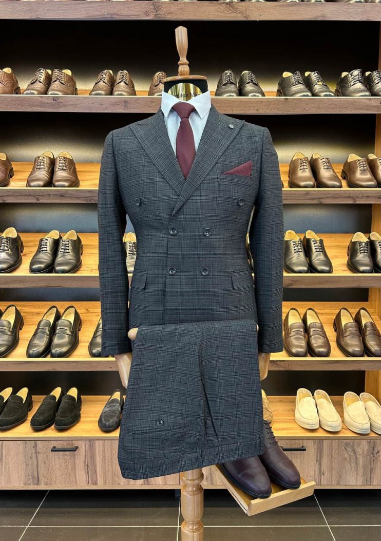 Костюм ERN 2-ка Двубортный Серый в клетку